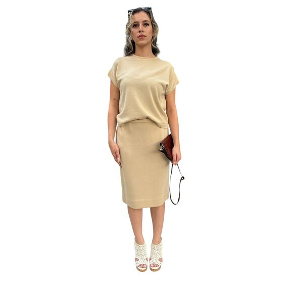 Vintage Short Sleeve Knit Sweater and Skirt Set Tan Knits By Tally Small/Medium - Picture 2 of 10